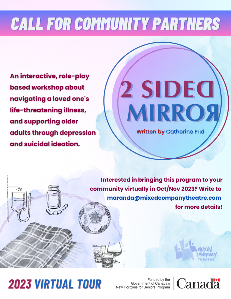 A poster indicating Mixed Company Theatre is looking for partners for a virtual tour of "Two-Sided Mirror"