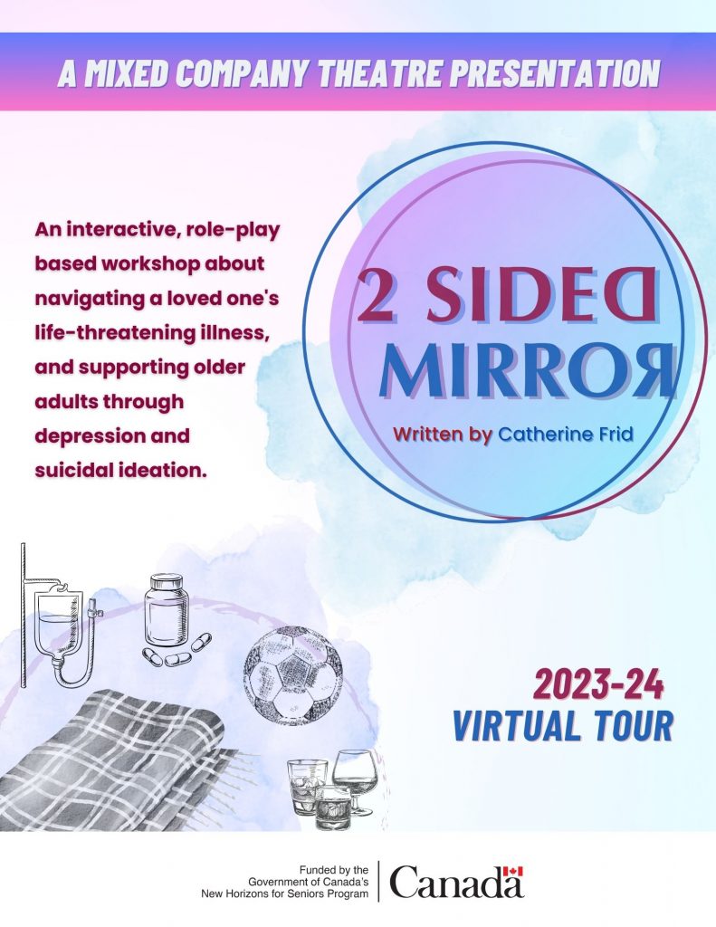 A promotional design for Mixed Company Theatre's 2023-24 virtual tour of "Two-Sided Mirror"
