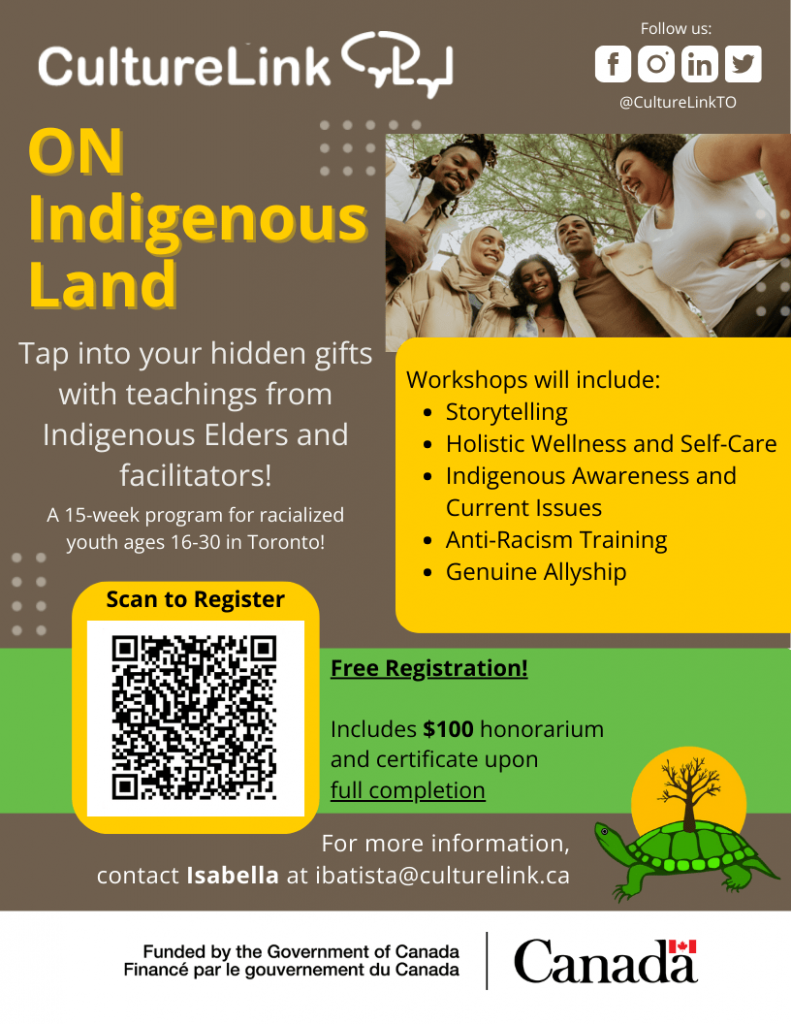 The recruitment flyer for Culture Link's "On Indigenous Land" project.