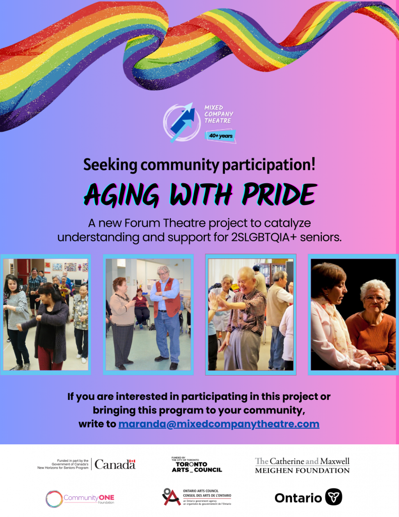 A flyer image about Mixed Company Theatre's call for community participation in their "Aging with Pride" program.