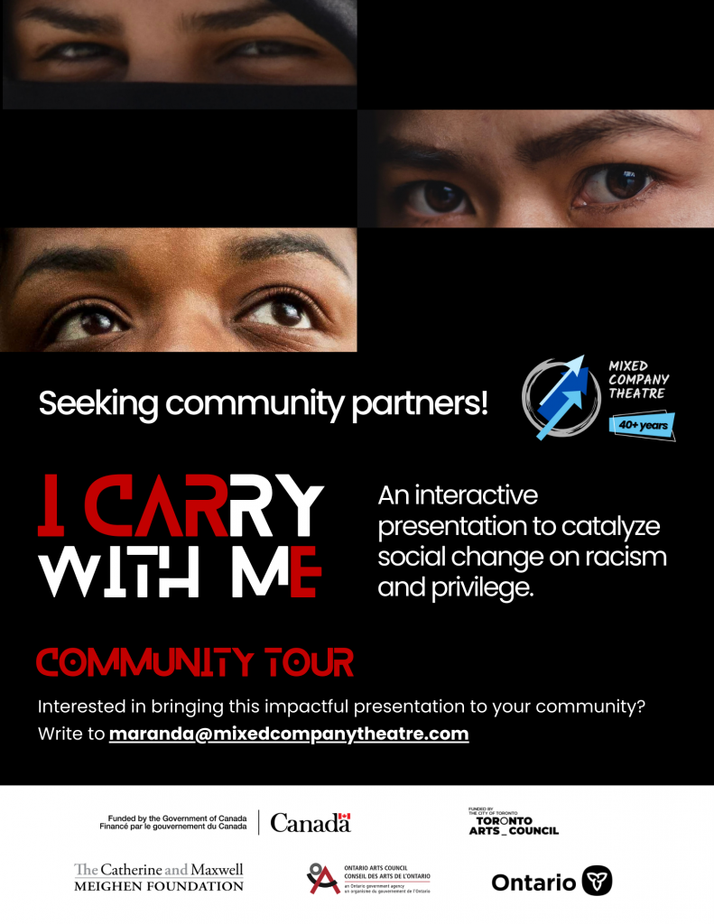 A flyer image calling for community partners for Mixed Company Theatre's "I Carry with Me" community tour.